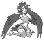  1girl bare_shoulders bird_legs breasts cleavage commentary commission english_commentary feathered_wings greyscale hair_between_eyes harpy looking_at_viewer medium_hair midriff monochrome monster_girl open_mouth original pointy_ears rintheyordle scales shorts sitting small_breasts solo talons tank_top upper_body wariza winged_arms wings 