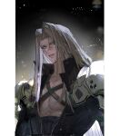  1boy belt black_background black_belt black_coat blue_eyes chest_strap coat collarbone final_fantasy final_fantasy_vii final_fantasy_vii_remake grey_hair hashtag-only_commentary high_collar highres light_particles long_bangs long_hair looking_at_viewer male_focus parted_bangs parted_lips pectoral_cleavage pectorals rainwangt sephiroth slit_pupils smile solo toned toned_male upper_body 