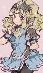  1girl arm_behind_back armor black_pantyhose blonde_hair blue_dress brown_eyes clair_(fire_emblem) closed_mouth cowboy_shot dress fire_emblem fire_emblem_echoes:_shadows_of_valentia hair_ornament heart high_ponytail long_hair looking_at_viewer mbkmmm pantyhose pink_background ponytail short_sleeves shoulder_armor smile solo 