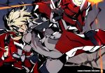  alternate_color alternate_costume bodysuit breasts firing flying forehead_protector gun_goddess_miss_fortune high_contrast highres kotatsu_(g-rough) large_breasts league_of_legends long_hair mecha_musume muzzle_flash official_art platinum_blonde_hair power_suit red_eyes sarah_fortune shoulder_cannon skin_tight solo 
