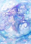  1girl blue_flower bow flower frown hat hat_bow hat_ribbon highres holding holding_flower impressionism lace_trim long_hair open_mouth original orokudesu partially_submerged pastel_colors puffy_short_sleeves puffy_sleeves purple_eyes purple_flower purple_hair purple_theme ribbon shirt short_sleeves solo sparkle sweatdrop water water_drop water_lily_flower wavy_hair white_shirt wide_brim 