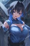  1girl armpits bare_shoulders blue_eyes blue_hair blue_shirt blush breasts cleavage collared_shirt earrings english_commentary gloves highres hololive hololive_english jewelry large_breasts long_hair mixed-language_commentary open_mouth ouro_kronii padoruu rain shirt solo sweat upper_body virtual_youtuber wet white_gloves 