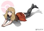  1girl blonde_hair breasts closed_mouth collared_shirt commentary_request commission crossed_ankles eyelashes feet_up full_body grey_eyes grey_thighhighs highres long_hair looking_up lying no_shoes on_stomach own_hands_together pleated_skirt poke_ball_symbol pokemon pokemon_xy serena_(pokemon) shirt skeb_commission skirt sleeveless sleeveless_shirt smile solo tellzeta thighhighs 