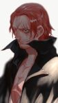  1boy artist_name beard_stubble black_coat closed_mouth coat commentary_request facial_hair highres ibuo_(ibukht1015) male_focus mustache_stubble one_piece open_clothes red_hair scar scar_across_eye scar_on_face shanks_(one_piece) short_hair smile solo stubble 
