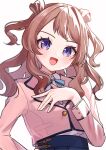  1girl absurdres blazer blue_overskirt blue_ribbon blush brown_hair brown_jacket commentary cropped_jacket gakuen_idolmaster hanami_saki highres idolmaster jacket long_hair long_sleeves looking_at_viewer mui_(tqxg4) neck_ribbon purple_eyes ribbon shirt simple_background smile solo two_side_up white_background white_shirt 