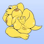  alphys anthro belly breasts butt eyewear female fours_(artist) genitals glasses hi_res lizard lying_on_ground pussy raised_leg reptile scalie slightly_chubby solo undertale_(series) yellow_body 