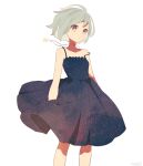  1girl arms_at_sides black_dress closed_mouth dress eyelashes feet_out_of_frame grey_background grey_hair jewelry looking_ahead maco22 necklace original print_dress purple_eyes short_hair simple_background solo star_(symbol) star_necklace star_print wind 