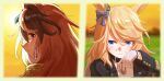  2girls animal_ears black_choker black_jacket blonde_hair blue_bow blue_eyes blurry blurry_background bow brown_hair choker clenched_teeth closed_mouth commentary_request ear_bow ear_ornament earrings epaulettes evening from_side gloves gold_city_(umamusume) grass hair_between_eyes hasegawamorito highres horse_ears horse_girl jacket jewelry long_hair looking_at_viewer multicolored_hair multiple_girls open_clothes open_jacket outdoors pendant_choker purple_eyes single_earring single_epaulette smile streaked_hair sweat symboli_rudolf_(umamusume) teeth umamusume upper_body white_gloves white_hair wiping_sweat 