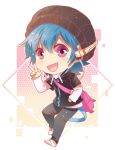  :d blue_hair chibi commentary eyebrows_visible_through_hair hand_in_pocket hand_up hat headphones hood hoodie long_sleeves looking_at_viewer male_focus open_mouth original pants purple_eyes shangguan_feiying smile solo standing w 
