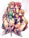  aria_(seiken_no_blacksmith) ass ass_grab blonde_hair blush boots bow bow_panties breasts brown_eyes brown_hair cecily_cambell curvy fingerless_gloves gloves grabbing_another's_ass groping highres kneeling large_breasts lisa_(seiken_no_blacksmith) long_hair looking_back multiple_girls nagayori naughty_face panties pointy_ears red_hair sandals seiken_no_blacksmith squatting sword thighhighs toes torn_clothes underwear very_long_hair weapon white_panties yuri 
