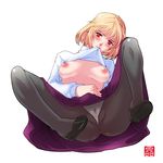  arcueid_brunestud blonde_hair breasts crotch fat_mons long_skirt medium_breasts mouth_hold nipples panties panties_under_pantyhose pantyhose purple_skirt red_eyes shirt_lift short_hair skirt solo sonobe_kazuaki spread_legs sweater tsukihime turtleneck underwear 