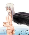  amaron ass breasts doll_joints feathers long_hair looking_back nipples nude red_eyes rozen_maiden silver_hair small_breasts solo suigintou wings 