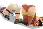  2girls all_fours ass blue_eyes cameltoe capcom character_request female god_hand hat huge_ass leotard looking_back multiple_girls orange_hair red_eyes red_hair simple_background thigh_strap thighhighs top-down_bottom-up top_hat zinger_(excess_m) zzinzinz 