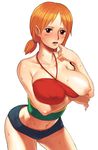  blush breast_slip breasts halter_top halterneck huge_breasts midriff momo_moto nami_(one_piece) nipples one_breast_out one_piece one_piece:_strong_world orange_hair red_eyes short_hair short_shorts short_twintails shorts simple_background solo sweat tattoo twintails 