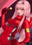 aqua_eyes bangs blush bodysuit candy commentary_request darling_in_the_franxx eyeshadow food hairband hand_on_hip highres holding_candy horns kouichi09 lollipop long_hair makeup pilot_suit pink_hair red_bodysuit shiny shiny_hair skin_tight smile solo straight_hair white_hairband zero_two_(darling_in_the_franxx) 