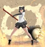  adeshi_(adeshi0693119) angry animal_ears bear_ears bear_girl bear_paw_hammer bear_tail bike_shorts brown_bear_(kemono_friends) brown_hair clenched_teeth commentary elbow_gloves gloves glowing glowing_eyes japari_symbol kemono_friends miniskirt orange_eyes shirt short_hair short_sleeves skirt solo tail teeth white_shirt 