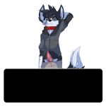 alpha_channel animal_genitalia animal_penis animated anthro bandage black_fur blue_eyes canine canine_penis clothing collar cute_fangs dialogue english_text erection fox fur hand_behind_head hoodie looking_at_viewer male mammal penis simple_background skaiahart solo text transparent_background white_fur 