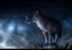  2014 black_bars black_nose blue_eyes canine detailed_background digital_media_(artwork) feral fur grey_fur itsover900o jewelry mammal necklace paws solo wolf 