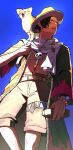  1boy animal animal_on_shoulder belt black_hair blush bracelet cat coat commentary_request feet_out_of_frame freckles from_below hat highres holding jewelry kameoka908 log_pose long_sleeves looking_to_the_side male_focus one_piece portgas_d._ace scarf short_hair shorts solo sweat twitter_username whiskers white_scarf 