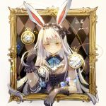  1girl absurdres animal_ears azur_lane black_dress black_gloves dress frilled_dress frilled_gloves frills gloves highres holding holding_pocket_watch long_hair looking_at_viewer official_alternate_costume picture_frame pocket_watch portrait_(object) rabbit_ears shimakaze_(azur_lane) shimakaze_(the_white_rabbit_of_wonderland)_(azur_lane) sleeveless sleeveless_dress solo very_long_hair watch white_hair yellow_eyes yukiwinchester 