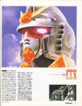  1990s_(style) character_name english_commentary glowing glowing_eyes gundam highres katoki_hajime magazine_scan mecha mixed-language_text mobile_suit mobile_suit_gundam newtype no_humans promotional_art red_eyes retro_artstyle robot rx-78-2 scan translation_request upper_body v-fin zaku_ii zeon 