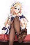  abigail_williams_(fate/grand_order) alternate_costume apron black_legwear blonde_hair blue_eyes blush bow enmaided fate/grand_order fate_(series) feet finger_to_mouth hair_bow long_hair maid maid_headdress no_shoes orange_bow pantyhose shirokuma_a sitting soles solo sparkle very_long_hair wrist_cuffs 