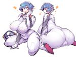  1girl alternate_breast_size angel_(evangelion) arm_support ass ayanami_rei bangs blue_hair blush bodysuit bracer breasts cameltoe clenched_hand curvy erect_nipples eyebrows_visible_through_hair fat_mons from_side full_body gloves half-closed_eyes hand_up headgear huge_ass huge_breasts impossible_clothes lcl leaning_forward looking_at_viewer looking_back multiple_views neon_genesis_evangelion number parted_lips pilot_suit plugsuit plump puffy_nipples red_eyes short_hair simple_background sitting skin_tight spread_legs thick_eyebrows thick_thighs thighs trefoil turtleneck wariza white_background white_bodysuit wide_hips zako_(arvinry) zeruel 