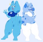  2018 absurd_res ass_to_ass blue&#039;s_clues blue_(blue&#039;s_clues) bottomless breasts butt canine clothed clothing cool_colors digital_media_(artwork) dingoringo30 dog duo ear_piercing female hi_res legwear mammal open_mouth open_smile piercing short_stack simple_background smile sssonic2 thick_thighs 