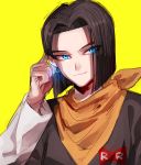  android_17 black_hair black_shirt blue_eyes dragon_ball dragon_ball_z earrings eyebrows_visible_through_hair glowing glowing_eyes hand_in_hair jewelry kameno_(nameko_ziru_n) kerchief long_sleeves looking_away male_focus red_ribbon_army shirt short_hair simple_background smile solo upper_body yellow_background 