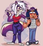  anthro belt blush blush_lines bottomwear clothing denim denim_bottomwear denim_clothing duo female fur gesture hair hand_gesture hand_on_head heterochromia hi_res human jeans looking_at_another male mammal melissa_mouffette mephitid mike_and_melissa mike_chenoweth pants pointing purple_body purple_fur scene_haircut skelllior skunk spiked_belt spikes white_hair 