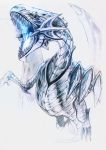  2016 blue-eyes_white_dragon dragon feral ink-leviathan membranous_wings open_mouth simple_background solo teeth tongue traditional_media_(artwork) white_background wings yu-gi-oh 