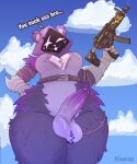  2024 anthro balls bear breasts dialogue english_text epic_games female fortnite fur genitals gun hi_res insult kooriki mammal penis purple_body purple_fur ranged_weapon raven_team_leader smug smug_grin solo submachine_gun text thick_thighs weapon wide_hips 
