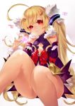  ahoge azur_lane bangs bare_shoulders blonde_hair blush closed_mouth commentary_request detached_sleeves dress eldridge_(azur_lane) facial_mark fur-trimmed_sleeves fur_trim hair_ornament hand_up head_tilt heart holding karinto_yamada long_hair long_sleeves looking_at_viewer magical_girl purple_dress red_eyes sitting sleeveless sleeveless_dress solo thighs twintails very_long_hair 