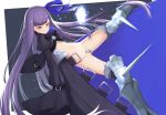  armor armored_boots bangs black_coat blue_ribbon blush boots coat commentary_request crotch_plate eyebrows_visible_through_hair fate/extra fate/extra_ccc fate/grand_order fate_(series) hair_ornament hair_ribbon highres long_hair long_sleeves looking_at_viewer meltlilith navel purple_eyes purple_hair redb revealing_clothes ribbon shiny shiny_skin sleeves_past_fingers sleeves_past_wrists solo spikes 