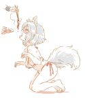  animal_ears barefoot bikini blush breasts closed_eyes commentary_request eyebrows_visible_through_hair feeding from_side grey_hair inubashiri_momiji medium_breasts micro_bikini mitsumoto_jouji open_mouth out_of_frame paw_pose simple_background solo_focus sweatdrop swimsuit tail tongue tongue_out touhou white_background white_bikini 