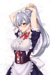  adjusting_hair alternate_costume apron blush breasts enmaided eyebrows_visible_through_hair fate/grand_order fate_(series) grey_hair hair_between_eyes large_breasts long_hair looking_at_viewer maid maid_headdress mouth_hold red_eyes shirokuma_a smile solo tomoe_gozen_(fate/grand_order) 