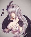  bare_shoulders breasts cleavage commentary_request dark_jeanne feathers flower gloves granblue_fantasy grey_hair hair_ornament jeanne_d'arc_(granblue_fantasy) large_breasts long_hair looking_at_viewer moppo open_mouth red_eyes smile solo wings 