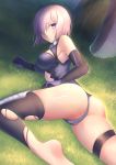  ass bangs bare_shoulders barefoot black_gloves black_legwear breasts cameltoe commentary_request day elbow_gloves eyebrows_visible_through_hair fate/grand_order fate_(series) gloves gogatsu_fukuin grass hair_over_one_eye highres large_breasts legs leotard looking_at_viewer looking_back mash_kyrielight on_grass outdoors parted_lips pink_hair purple_eyes purple_leotard soles solo sunlight thighhighs thighs torn_clothes torn_legwear tree 