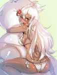  :d ass bare_arms bare_legs bare_shoulders bikini blush bow_(bhp) dark_skin flower from_behind granblue_fantasy green_background hair_between_eyes hair_flower hair_ornament hug long_hair looking_at_viewer looking_back open_mouth red_eyes red_flower simple_background smile solo swimsuit white_bikini white_hair zooey_(granblue_fantasy) 