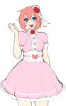  :d blue_eyes blush cowboy_shot doki_doki_literature_club dress eyebrows_visible_through_hair flower hair_flower hair_ornament hand_up highres looking_at_viewer open_mouth orange_hair otxoa60 pink_dress puffy_short_sleeves puffy_sleeves red_flower red_rose rose sayori_(doki_doki_literature_club) short_hair short_sleeves simple_background smile solo standing white_background 