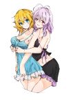  babydoll blonde_hair blue_eyes breasts highres hug hug_from_behind lingerie medium_breasts multiple_girls p.k.f philia_(sao) purple_hair red_eyes short_hair sketch strea sword_art_online underwear 