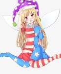  alternate_legwear american_flag_dress american_flag_legwear blonde_hair clownpiece commentary_request dress fairy fairy_wings frilled_shirt_collar frills hat highres jester_cap kuraaken leggings long_hair neck_ruff pantyhose pink_eyes polka_dot print_legwear short_dress short_sleeves star star_print striped touhou very_long_hair wings 