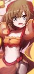  :d arm_up bad_id bad_pixiv_id bangs brown_hair brown_skirt crop_top dancer eyebrows_visible_through_hair fate/grand_order fate_(series) flower grey_eyes hair_between_eyes hair_flower hair_ornament highres long_sleeves looking_at_viewer mata_hari_(fate/grand_order) midriff navel open_mouth puffy_long_sleeves puffy_sleeves red_flower skirt smile solo wada_kazu 