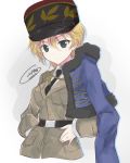  artist_name asparagus_(girls_und_panzer) bc_freedom_military_uniform belt black_belt black_neckwear blonde_hair blue_jacket brown_jacket closed_mouth commentary cropped_torso dated dress_shirt eyebrows_visible_through_hair frown getsumen_suibaku_ver._a(c) girls_und_panzer girls_und_panzer_ribbon_no_musha green_eyes hands_on_hips hat highres jacket jacket_on_shoulders military military_uniform necktie red_hat shako_cap shirt short_hair signature solo uniform upper_body white_shirt wing_collar 