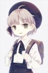  :d ahoge backpack bag beret black_hat black_ribbon black_skirt brown_eyes brown_hair collared_shirt commentary_request ech flower grey_background hair_flower hair_ornament hair_rings hat hatoba_tsugu hatoba_tsugu_(character) long_sleeves looking_at_viewer open_mouth pleated_skirt randoseru ribbon rose shirt simple_background skirt sleeves_past_wrists smile solo suspender_skirt suspenders virtual_youtuber white_flower white_rose white_shirt 