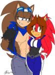  2015 abs akatsukishiranui-fox blue_eyes brown_fur brown_hair clothed clothing duo female fur green_eyes hair hand_on_hip hedgehog jayms_the_hedgehog larger_male looking_at_viewer looking_down male mammal muscular muscular_male pants red_fur shirt simple_background size_difference smaller_female smile sonic_(series) standing t-shirt torn_clothing white_background 