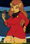  anthro bedroom_eyes big_breasts breasts brown_hair caitian clothing cute_fangs feline female fur hair half-closed_eyes hand_on_hip long_hair looking_at_viewer m&#039;ress mammal seductive solo star_trek thick_thighs tricorder uniform vhs volkenfox yellow_fur yellow_sclera 