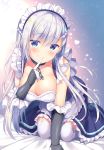  all_fours apron azur_lane bangs bed_sheet belfast_(azur_lane) blue_eyes blush braid breasts chain cleavage collar collarbone commentary_request crawling dress elbow_gloves eyebrows_visible_through_hair finger_to_mouth french_braid frills garter_straps gauntlets gloves hair_between_eyes head_tilt heart highres large_breasts long_hair looking_at_viewer maid maid_headdress shushing sidelocks silver_hair smile solo star thighhighs tomoo_(tomo) white_gloves white_legwear 