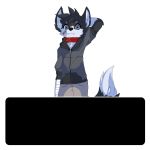  alpha_channel animated anthro bandage black_fur blue_eyes canine clothing collar cute_fangs dialogue english_text fox fur hand_behind_head hoodie looking_at_viewer male mammal simple_background skaiahart solo text transparent_background white_fur 