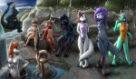  2018 anthro blue_penis breasts cat chani_(ajdurai) dragon feline female group hair jenny_(ajdurai) knot lilybird male mammal mustelid nipples nude otter penis purple_hair pussy young 